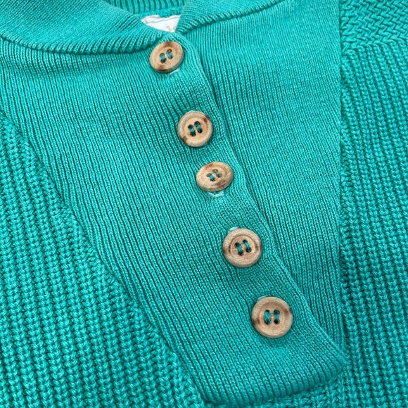 Vintage 90s button henley pullover sweater chunky knit grandpa cotton teal green - Picture 8 of 17